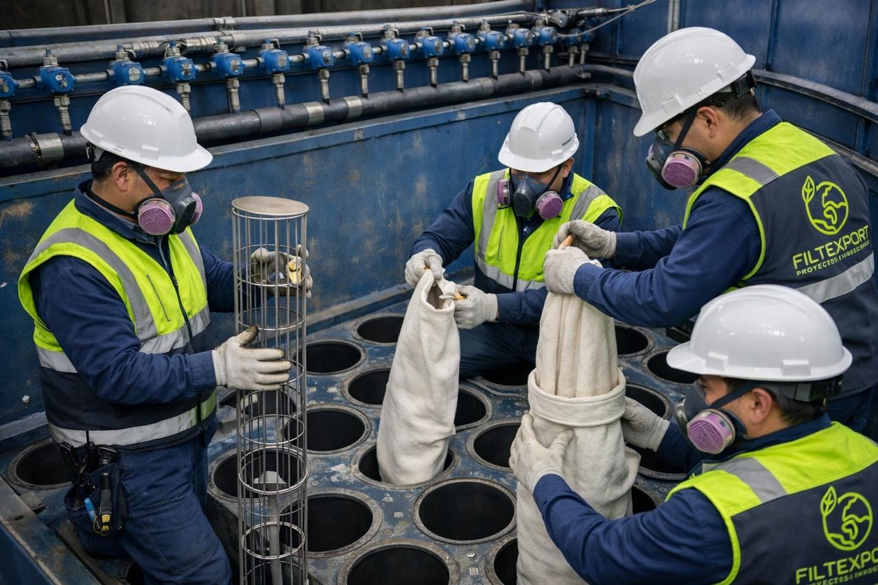 Operarios de MetalabSA haciendo mantenimiento de sistema de aspiración industrial